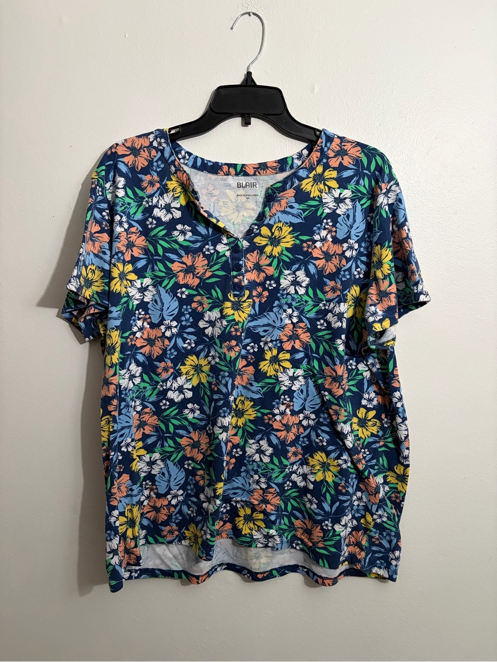 Blair Navy Floral Button-Notch Short Sleeve Top